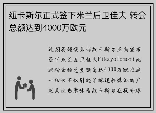 纽卡斯尔正式签下米兰后卫佳夫 转会总额达到4000万欧元