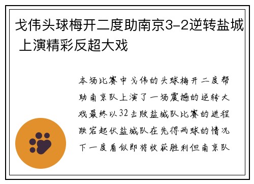 戈伟头球梅开二度助南京3-2逆转盐城 上演精彩反超大戏