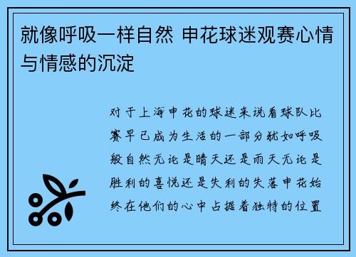 就像呼吸一样自然 申花球迷观赛心情与情感的沉淀